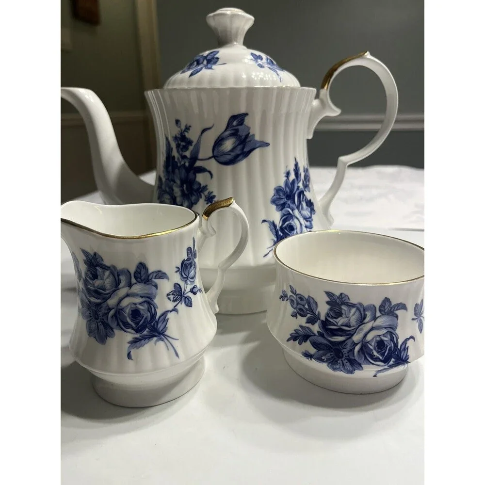Vtg Royal Windsor Blue Roses Coffee Tea Pot Sugar & Creamer Set England